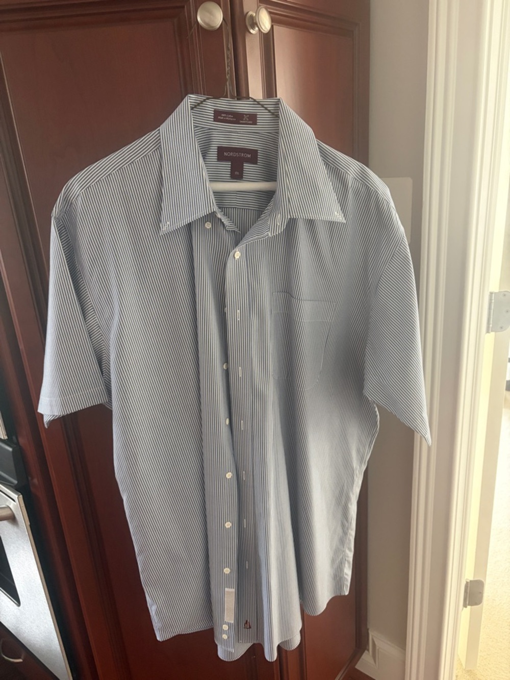 Nordstrom Light Blue and white Thin-Stripe Short-Sleeve Button Down Shirt